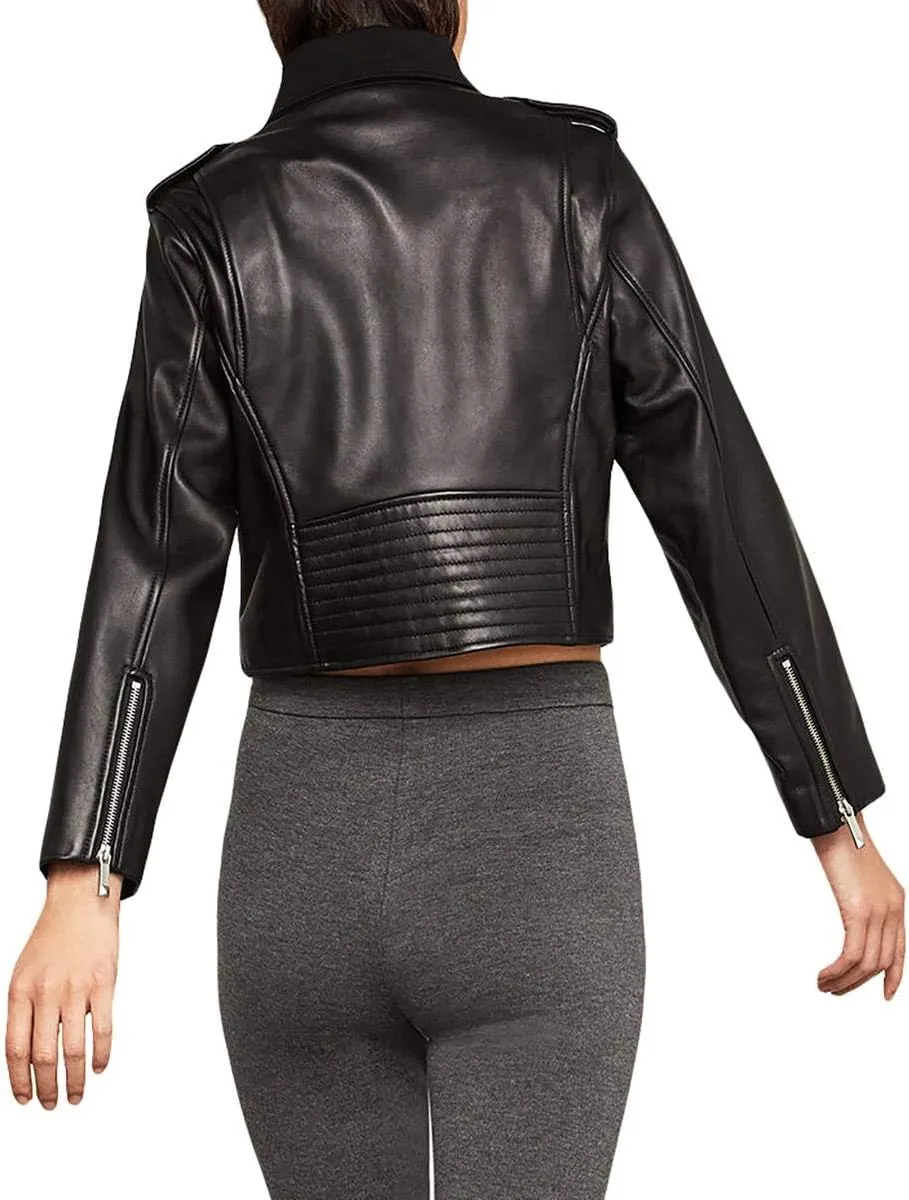 BCBG Max Azria Aubree Womens Leather Tie Neck Cropped Moto Jacket