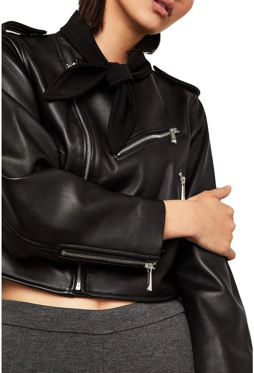 BCBG Max Azria Aubree Womens Leather Tie Neck Cropped Moto Jacket