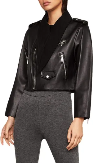 BCBG Max Azria Aubree Womens Leather Tie Neck Cropped Moto Jacket