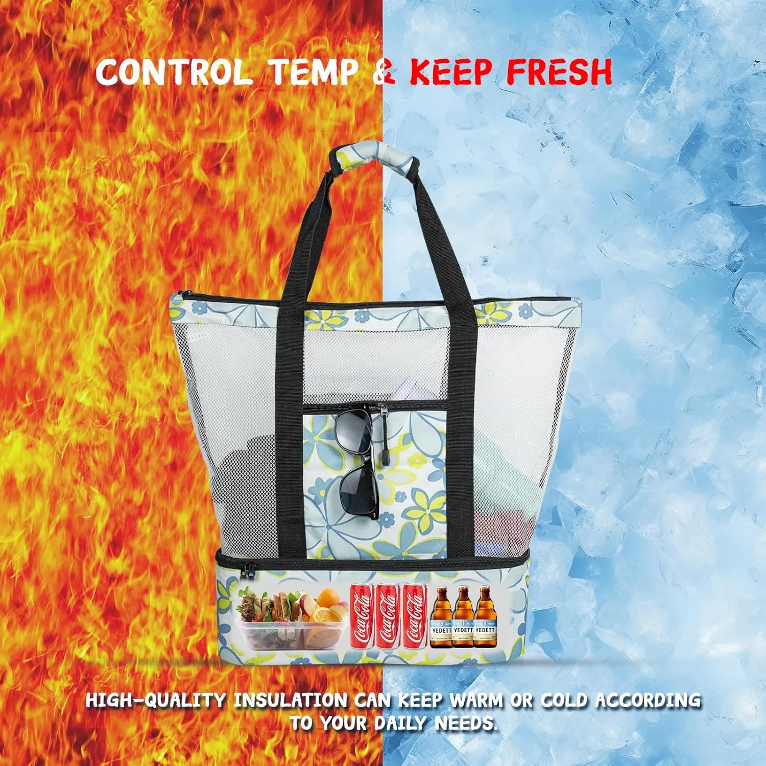 Beach Bag with Cooler,Mesh Beach Bags for Women Sandproof for Pool and Swimming Zipper Waterproof Bag