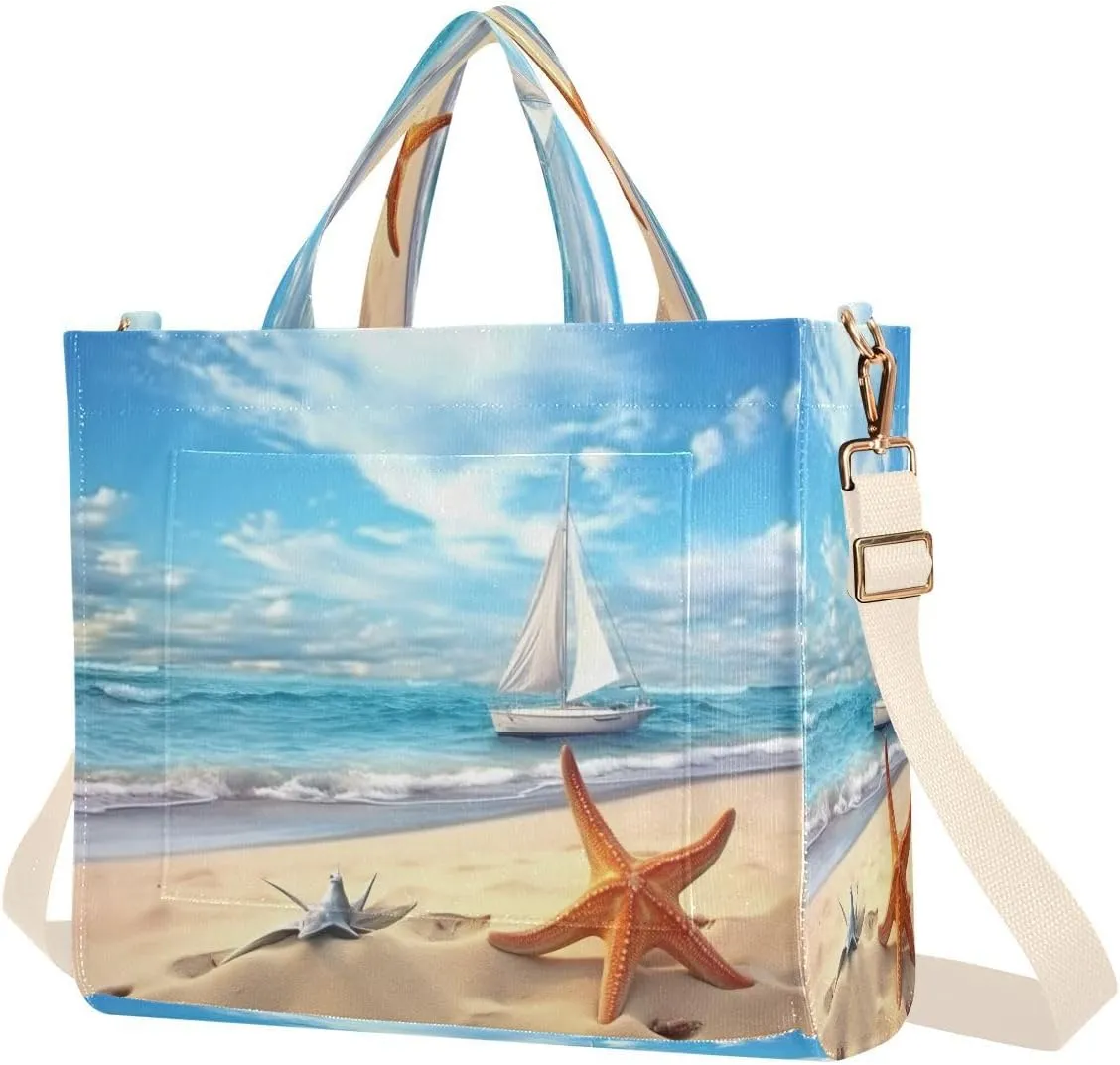 Beach Starfish Landscape Corduroy Tote Bag for Women Hobo Crossbody Bag Purse Stylish Shoulder Handbag Messenger Bags, S