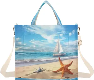 Beach Starfish Landscape Corduroy Tote Bag for Women Hobo Crossbody Bag Purse Stylish Shoulder Handbag Messenger Bags, S