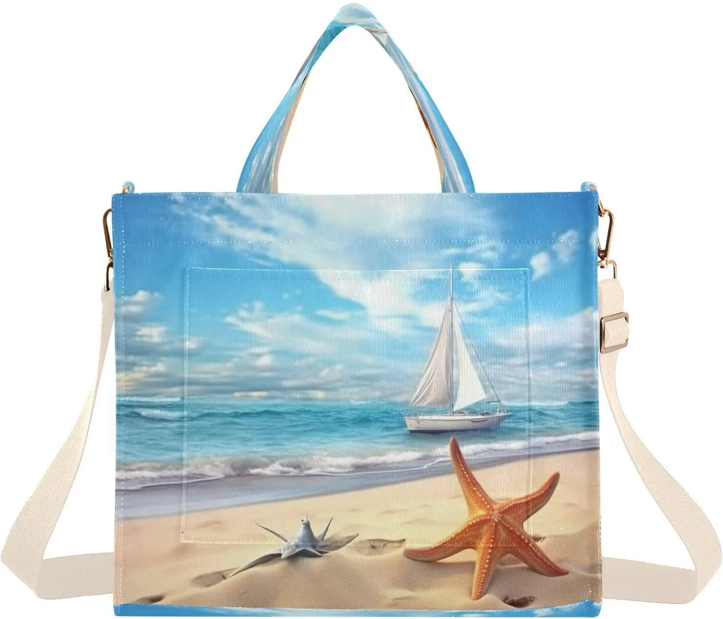 Beach Starfish Landscape Corduroy Tote Bag for Women Hobo Crossbody Bag Purse Stylish Shoulder Handbag Messenger Bags, S