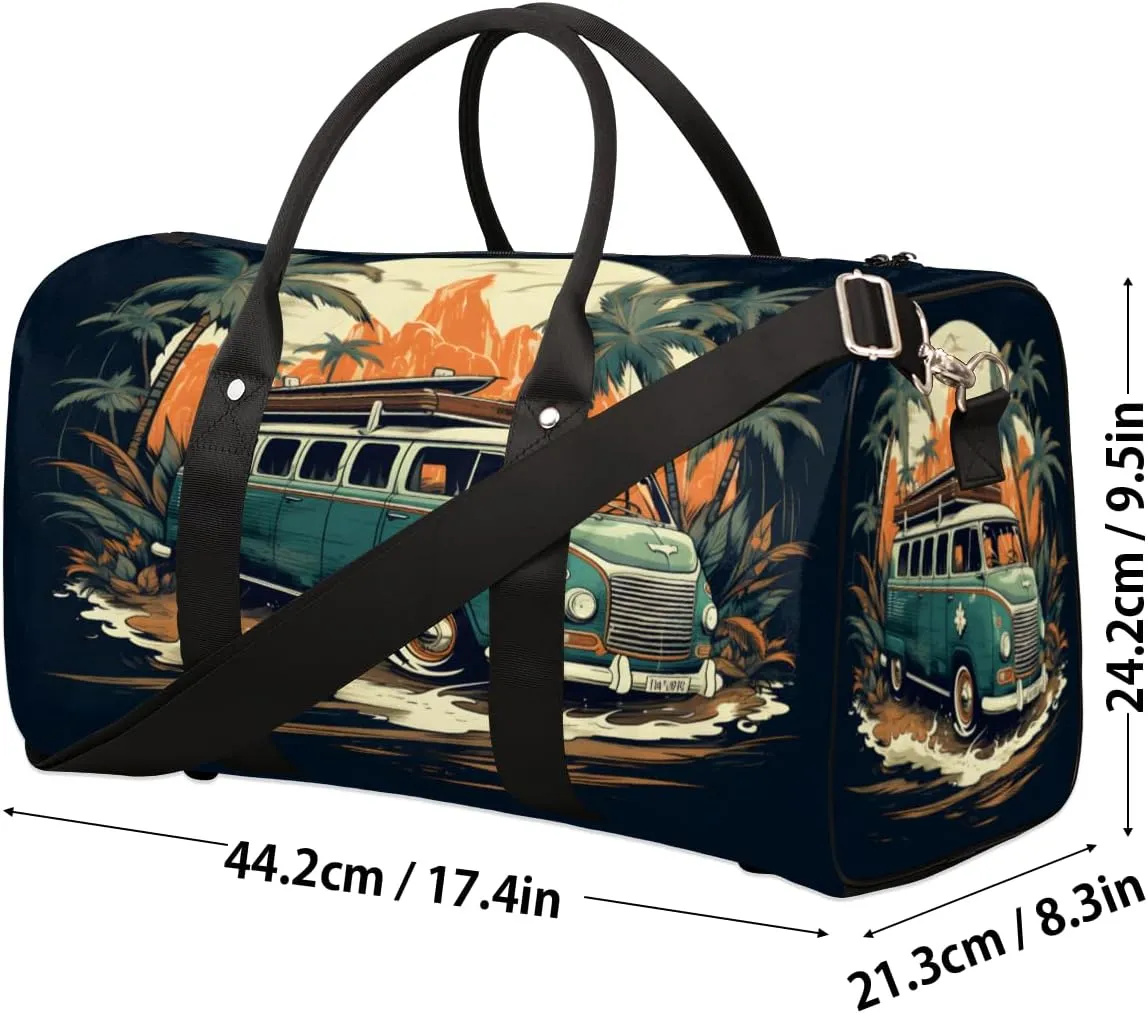 Beach Tour Bus Travel Duffle Bag, Sports Gym Bags for Women Men, Carry On Weekender Overnight Bag, Coastal Palm Tree Tropical Workout Hospital Airplane Trips Bag