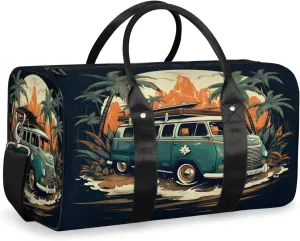 Beach Tour Bus Travel Duffle Bag, Sports Gym Bags for Women Men, Carry On Weekender Overnight Bag, Coastal Palm Tree Tropical Workout Hospital Airplane Trips Bag