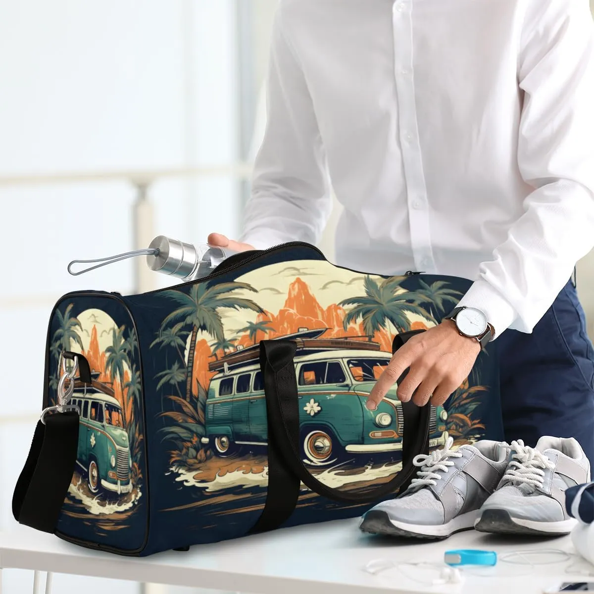 Beach Tour Bus Travel Duffle Bag, Sports Gym Bags for Women Men, Carry On Weekender Overnight Bag, Coastal Palm Tree Tropical Workout Hospital Airplane Trips Bag