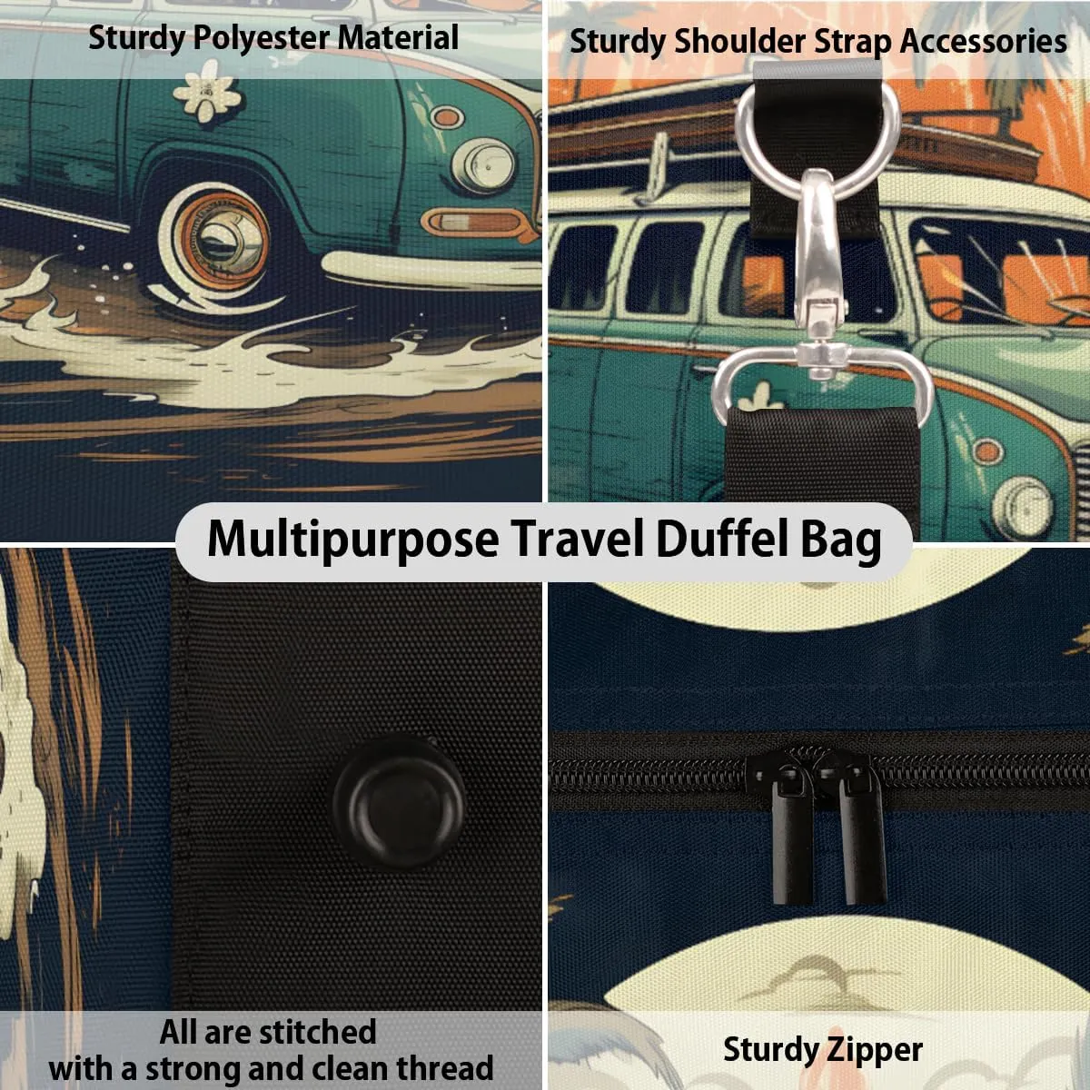 Beach Tour Bus Travel Duffle Bag, Sports Gym Bags for Women Men, Carry On Weekender Overnight Bag, Coastal Palm Tree Tropical Workout Hospital Airplane Trips Bag
