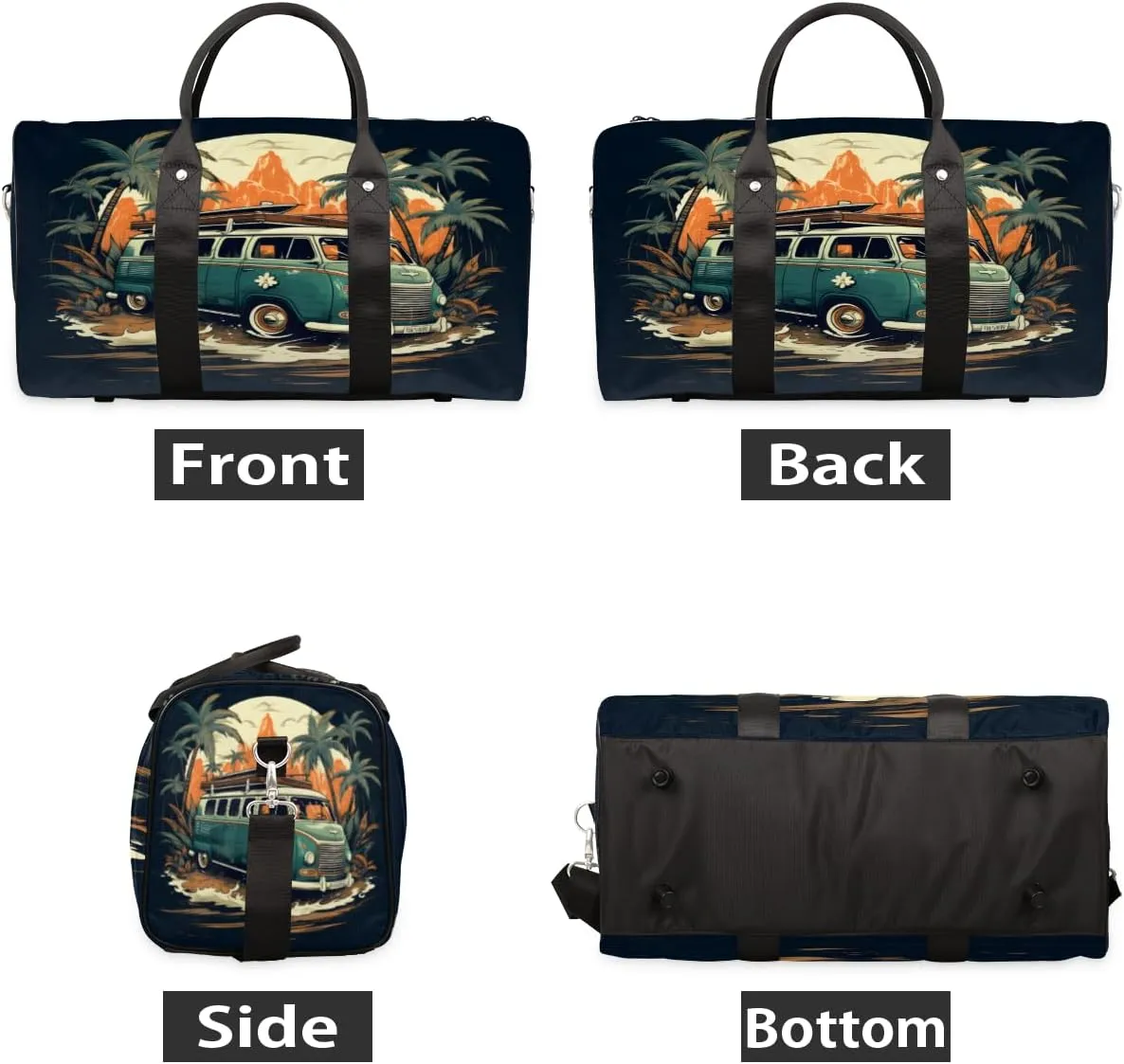 Beach Tour Bus Travel Duffle Bag, Sports Gym Bags for Women Men, Carry On Weekender Overnight Bag, Coastal Palm Tree Tropical Workout Hospital Airplane Trips Bag