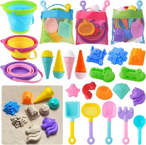 Beach Toys, 29 PCS Ice Cream Sand Toys for Kids Toddlers, Sandbox Toys with 3 Collapsible Beach Bucket, Sand Castle Building Kit, Ice Cream Molds, Shovel Set and Mesh Bag