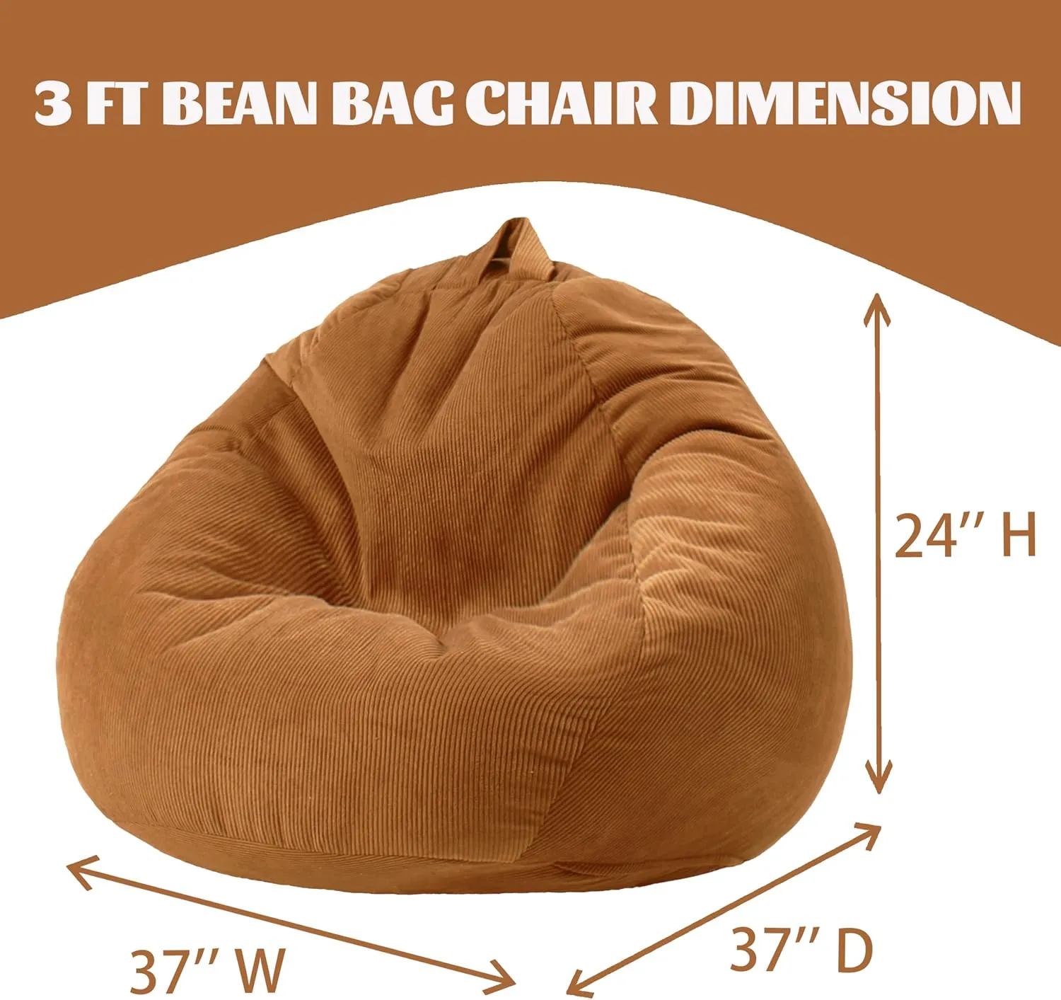 Bean Bag Chairs with Corduroy Cover Removable, 3 Ft Large Memory Foam Bean Bag Chairs for Kidswith Filling,Round Fluffy Sofa Chair for Living Room Bedroom