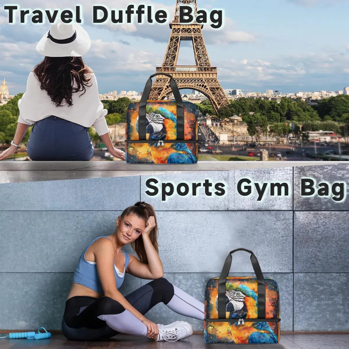 Beautiful Parrot Travel Duffel Bag Dry Wet Separated Sports Tote Travel Duffle Bag Gym Workout Bag Women Travel Duffel Bag for Women, Travel, Gym, Work