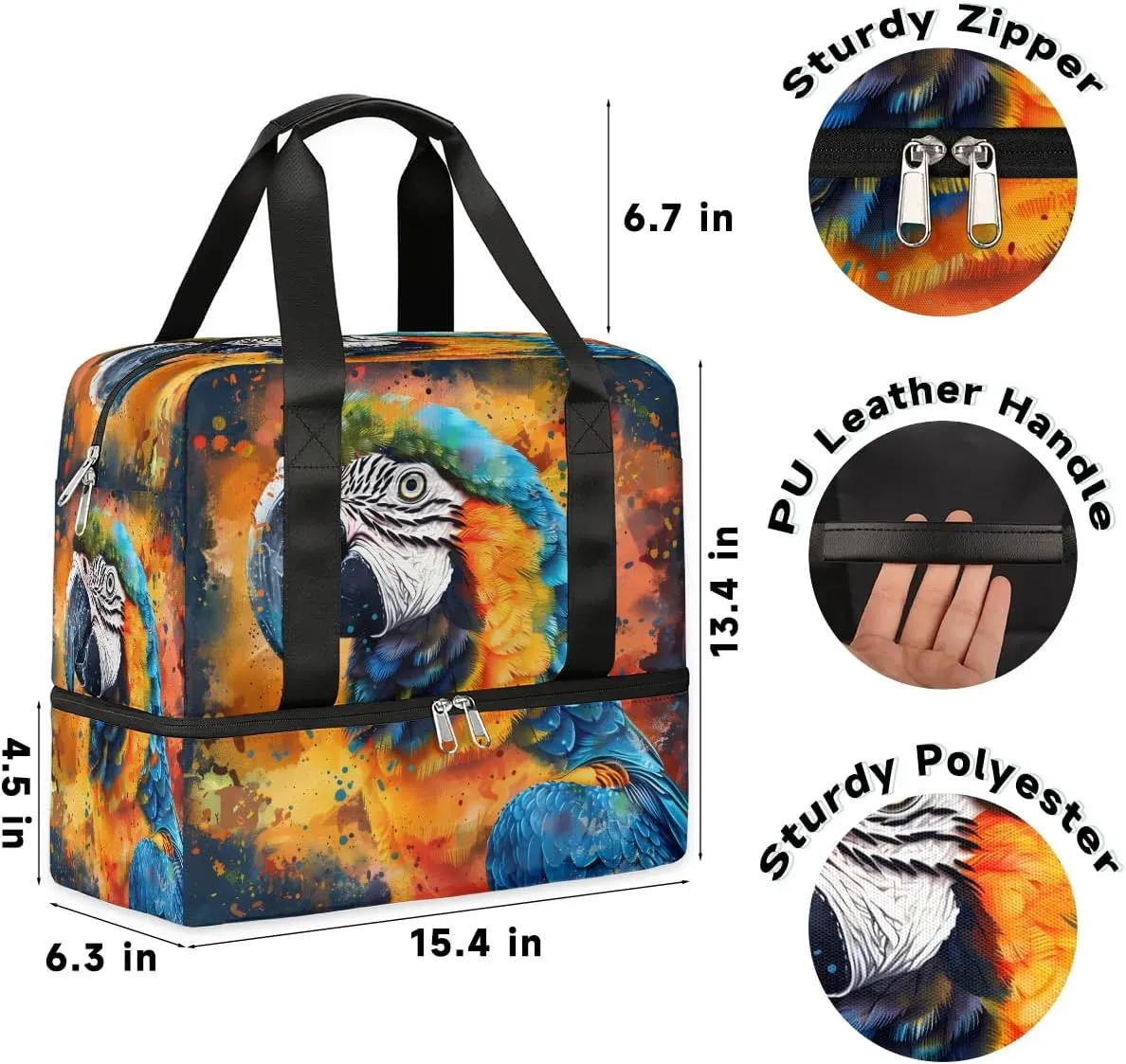 Beautiful Parrot Travel Duffel Bag Dry Wet Separated Sports Tote Travel Duffle Bag Gym Workout Bag Women Travel Duffel Bag for Women, Travel, Gym, Work