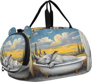 Beauty Rhinoceros Retro Bathtub Duffel Gym Bags with Shoes Compartment Lightweight Sports Bag Travel Tote for Travel, Sports, Fitness & Workout bolso de para hombre
