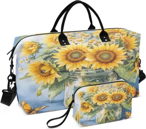 Bee Butterfly Sunflowers Sports Gym Bag for Women Men Travel Duffel Bag Weekend Overnight Carry on Bag with Toiletry Bag Training Handbag for Swimming Yoga Workout Plane Hospital