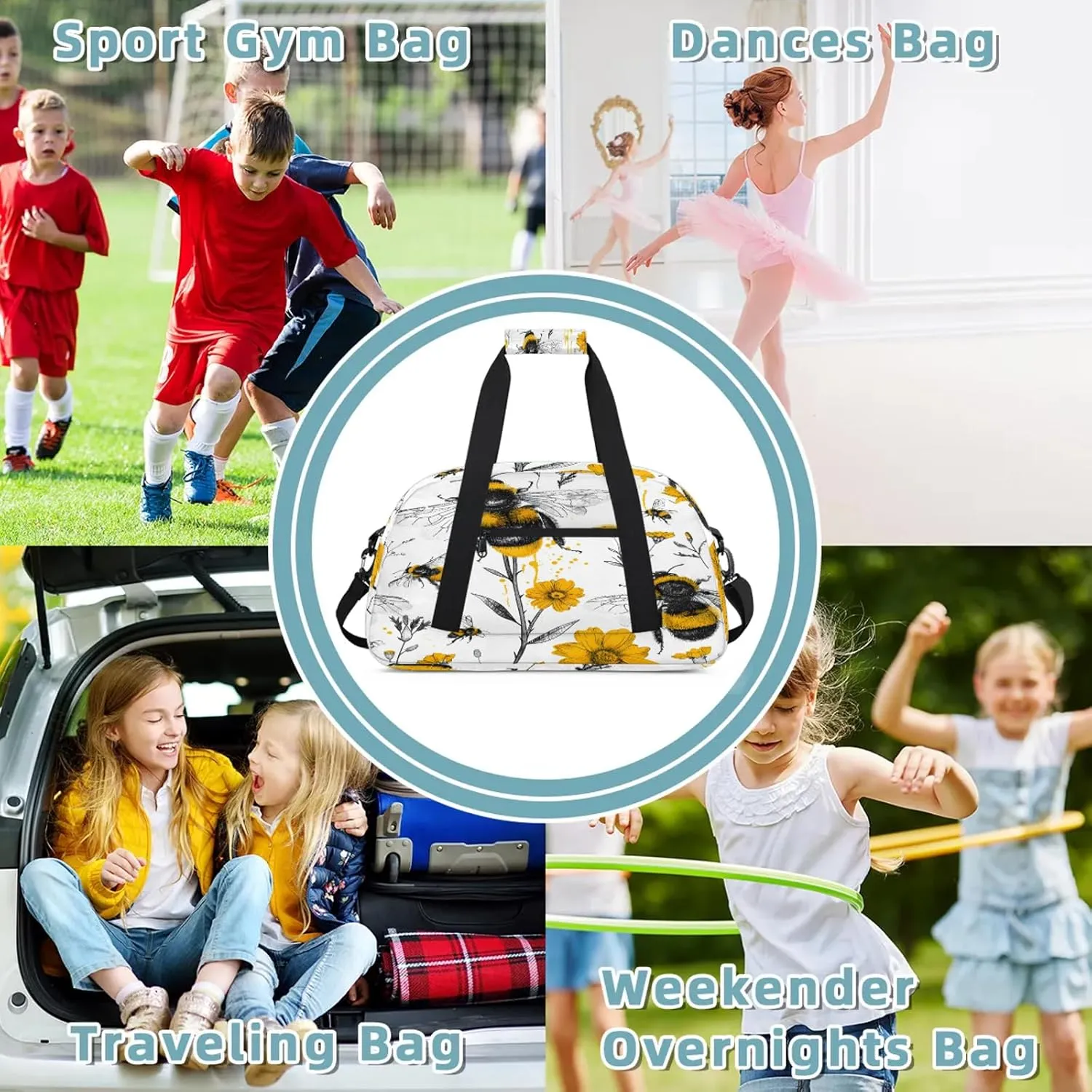 Bee Yellow Flower Floral Small Gym Bag 18 inch Carry On Duffel Bag for Weekender Travel Sports Workout Yoga Gymnastics Dance Ballet
