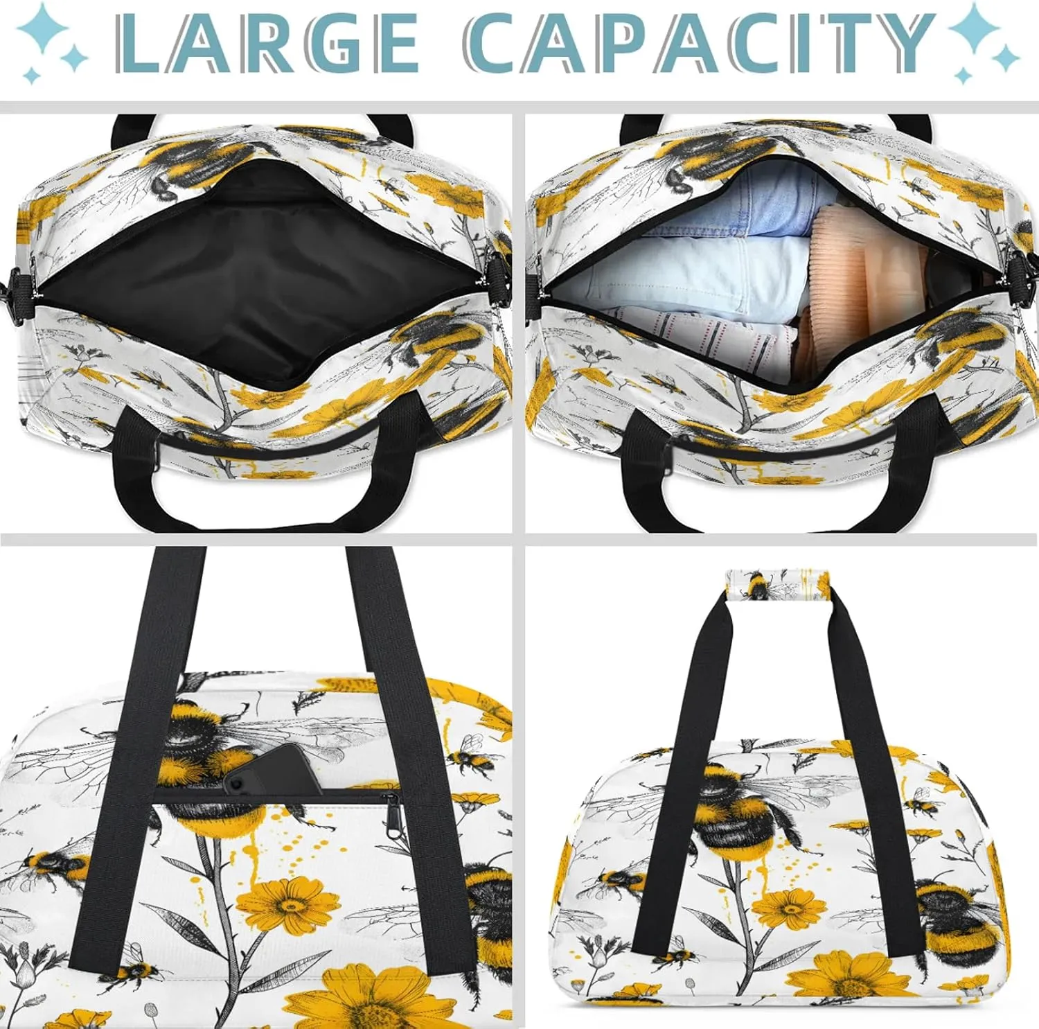 Bee Yellow Flower Floral Small Gym Bag 18 inch Carry On Duffel Bag for Weekender Travel Sports Workout Yoga Gymnastics Dance Ballet