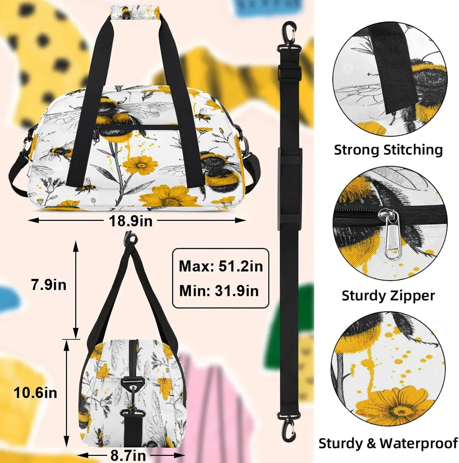 Bee Yellow Flower Floral Small Gym Bag 18 inch Carry On Duffel Bag for Weekender Travel Sports Workout Yoga Gymnastics Dance Ballet