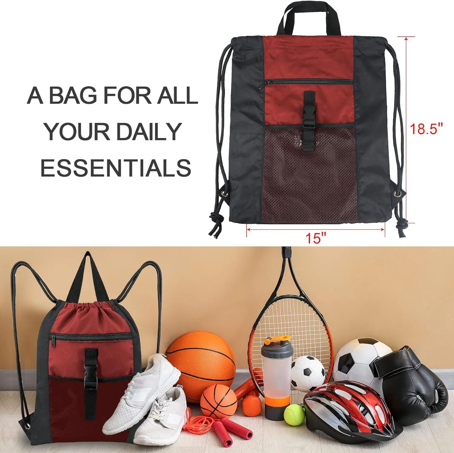 BeeGreen Drawstring Backpack Sports Gym Bag With Shoe Compartment and Two Water Bottle Holder …