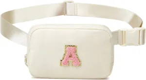 Beige Belt Bag Waist Fanny Pack Mini Crossbody Handbag with Initial Letter Patch for Women Girls Teens Cool Sling Bag