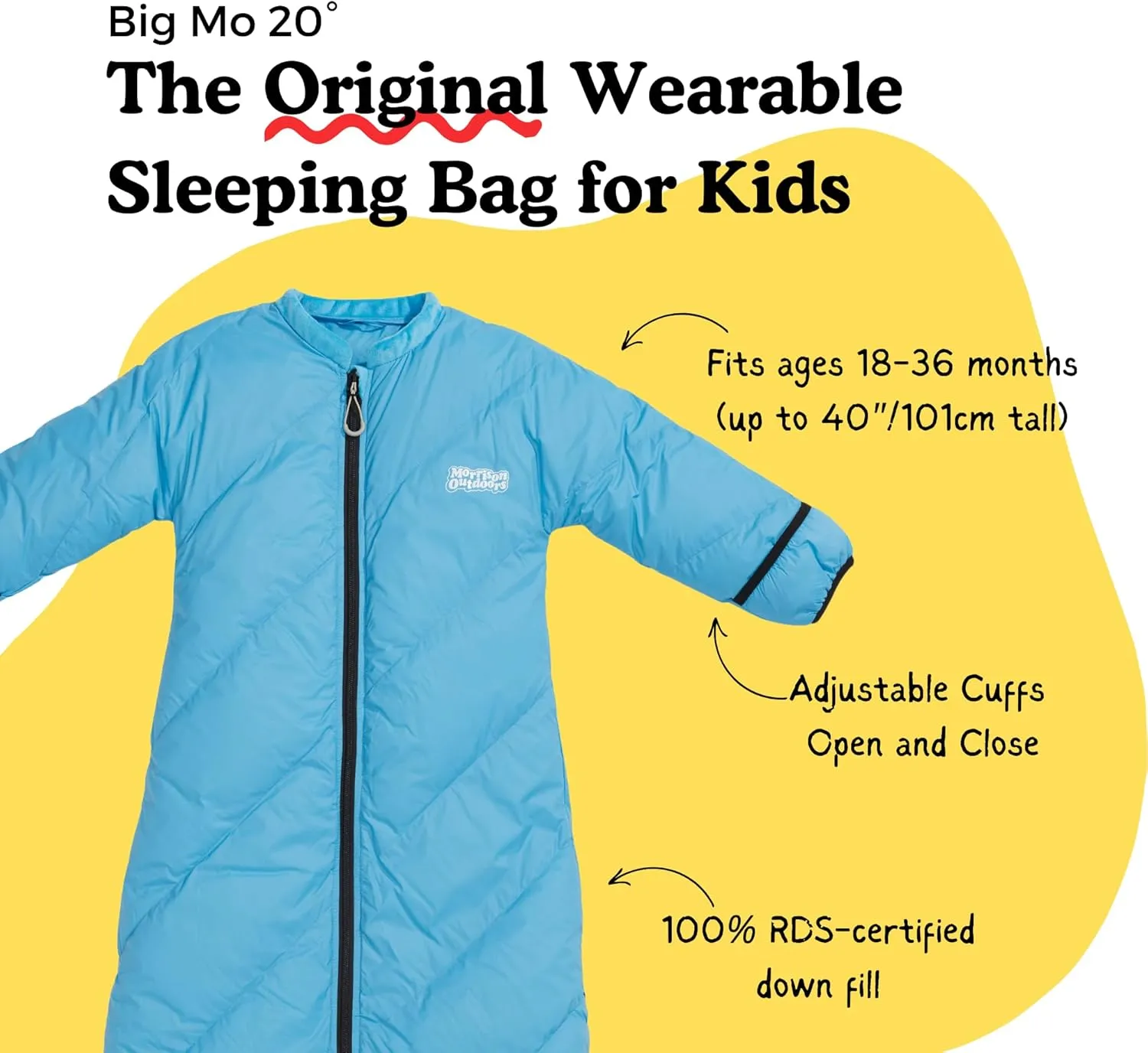 Big Mo 20 Kids Sleeping Bag (Ages 18-36mo), The Warmest 100% Down Camping Sleeping Bag for Kids Age 18-36 Months Old.