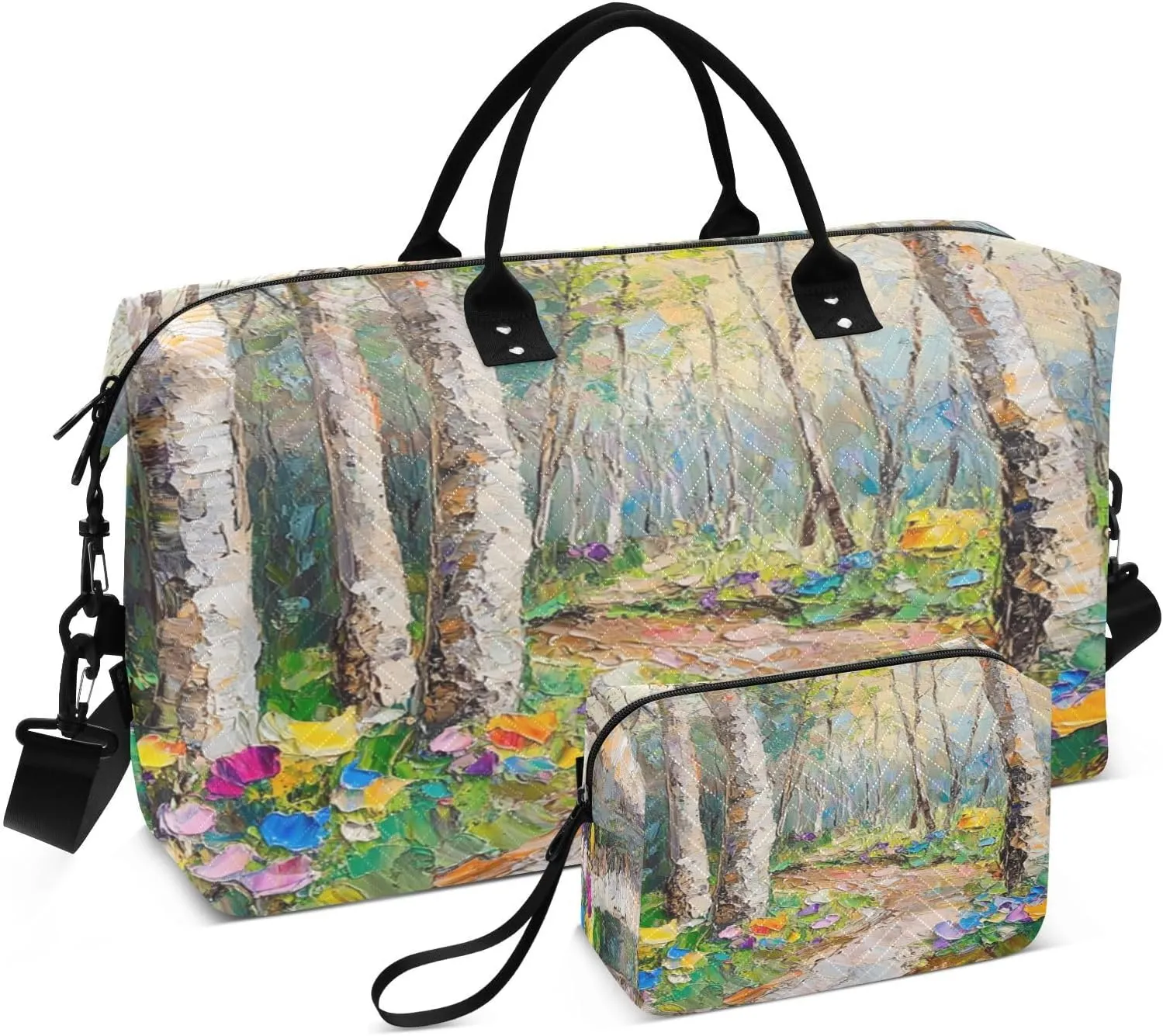 Birch Tree Floral Path Sports Gym Bag for Women Men Travel Duffel Bag Weekend Overnight Carry on Bag with Toiletry Bag Hospital Bag for Workout Swimming Yoga Plane Hospital