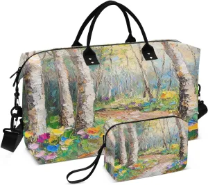 Birch Tree Floral Path Sports Gym Bag for Women Men Travel Duffel Bag Weekend Overnight Carry on Bag with Toiletry Bag Hospital Bag for Workout Swimming Yoga Plane Hospital