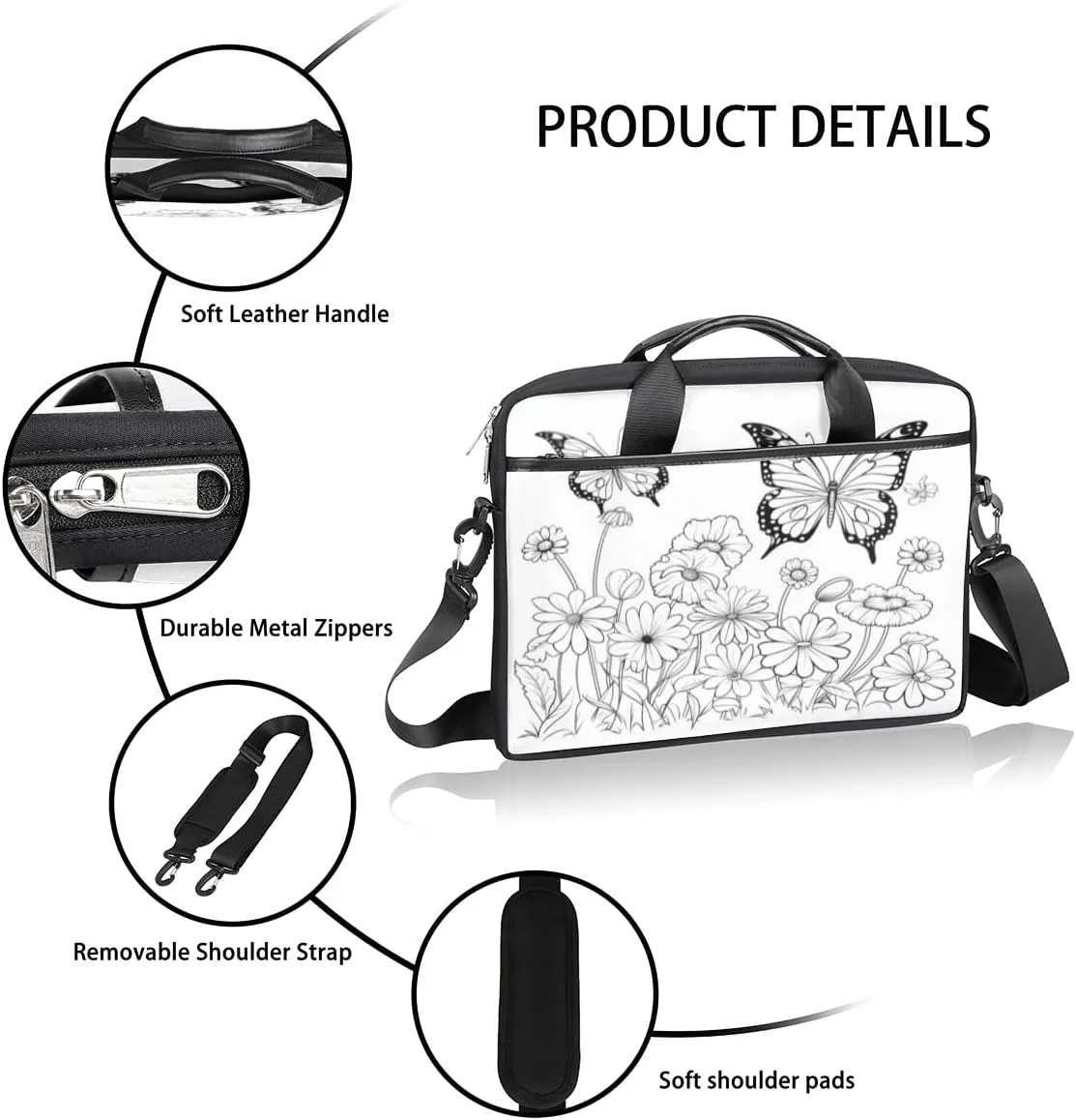Black And White Butterfly Laptop Bag for Men Women 13-15 Inch Case Bags Sleeve Shoulder with Anti Slip Removable