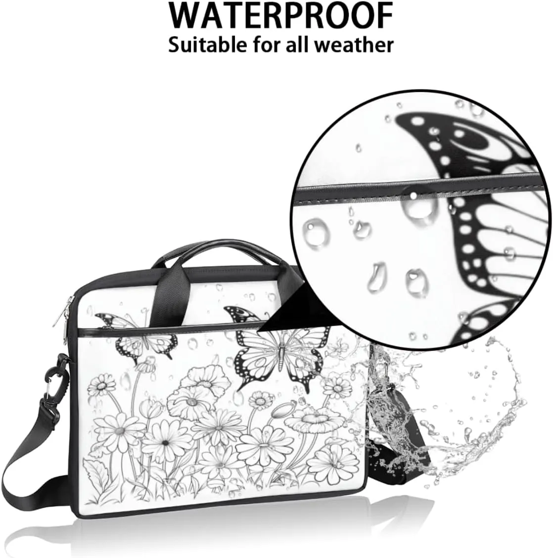 Black And White Butterfly Laptop Bag for Men Women 13-15 Inch Case Bags Sleeve Shoulder with Anti Slip Removable