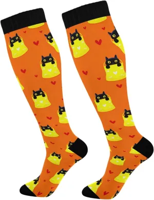 Black Cats Yellow Bags Compression Socks for Women and Men 20-30 mmHg Knee High Socks for Nurses Travel Socks 2 Pair