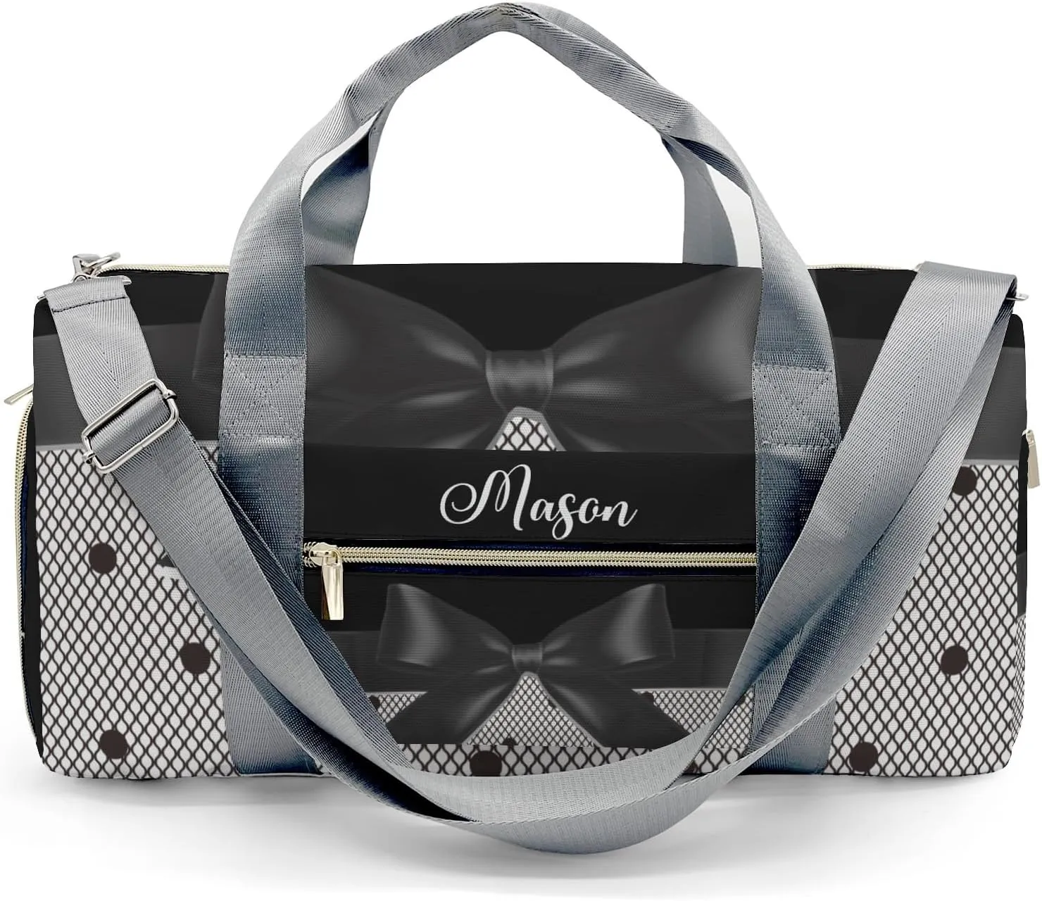 Black Lace Bow Personalized Duffel Bag,Custom Travel Gym Bag with Name,Waterproof Sports Overnight Bag with Shoe Compartment & Shoulder Strap