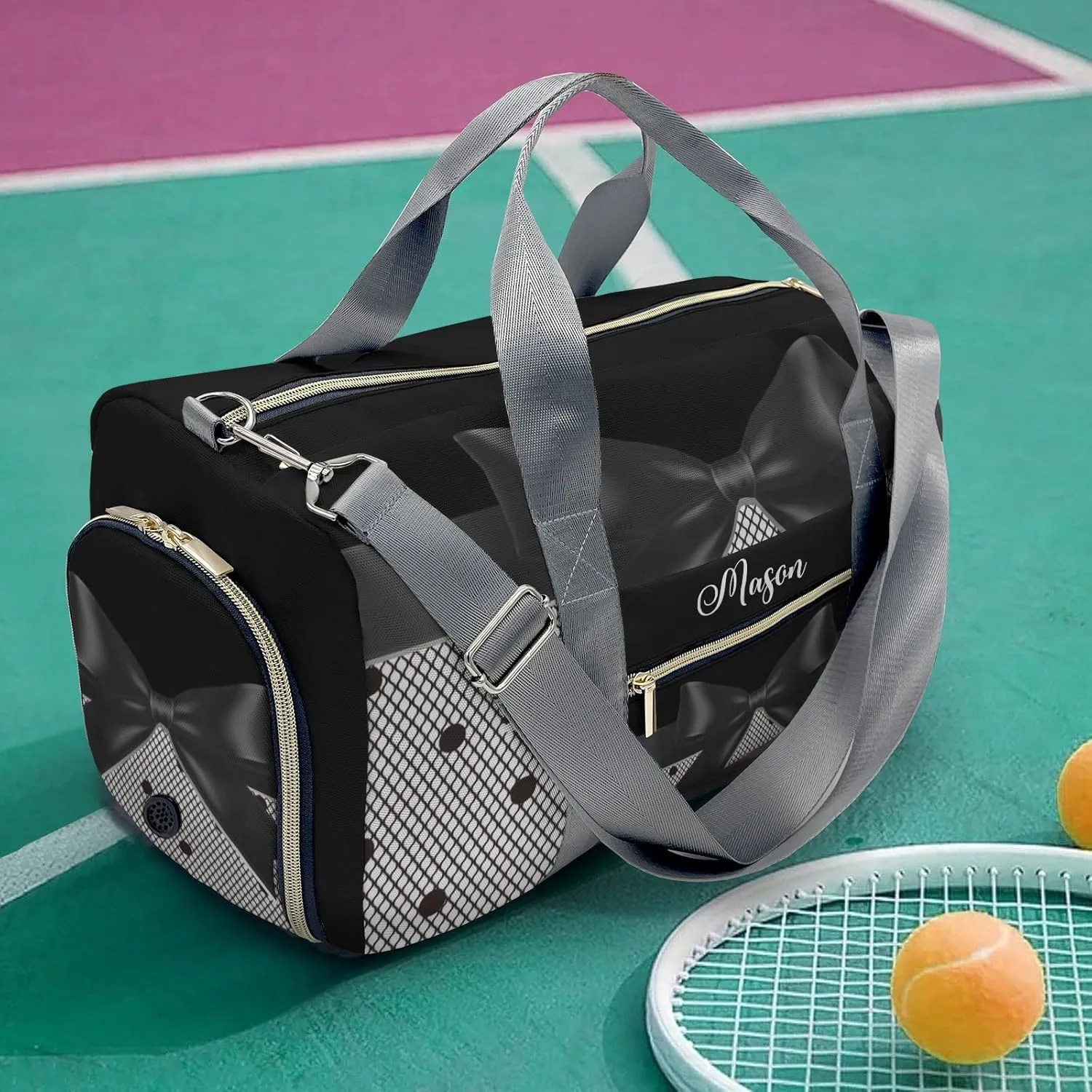 Black Lace Bow Personalized Duffel Bag,Custom Travel Gym Bag with Name,Waterproof Sports Overnight Bag with Shoe Compartment & Shoulder Strap