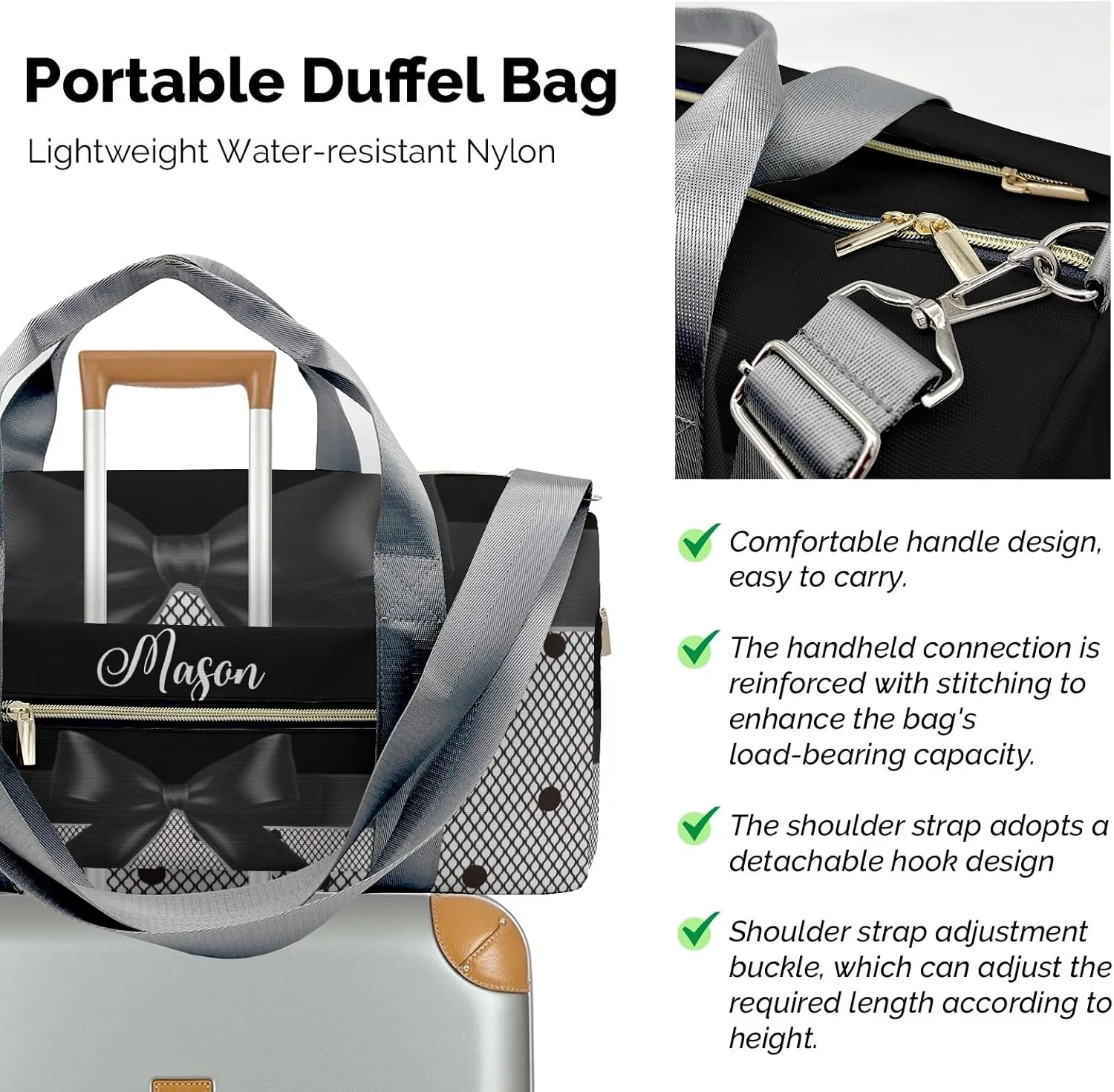 Black Lace Bow Personalized Duffel Bag,Custom Travel Gym Bag with Name,Waterproof Sports Overnight Bag with Shoe Compartment & Shoulder Strap