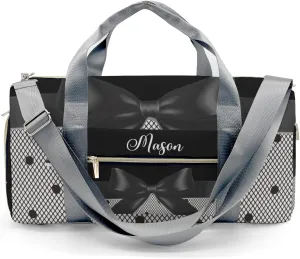 Black Lace Bow Personalized Duffel Bag,Custom Travel Gym Bag with Name,Waterproof Sports Overnight Bag with Shoe Compartment & Shoulder Strap