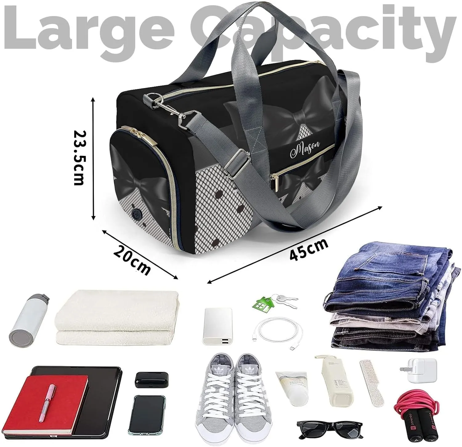 Black Lace Bow Personalized Duffel Bag,Custom Travel Gym Bag with Name,Waterproof Sports Overnight Bag with Shoe Compartment & Shoulder Strap