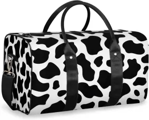 Black White Travel Duffle Bag, Sports Gym Bags for Women Men, Carry On Weekender Overnight Bag, Fun Cow Print Farm Animal Workout Hospital Airplane Trips Bag
