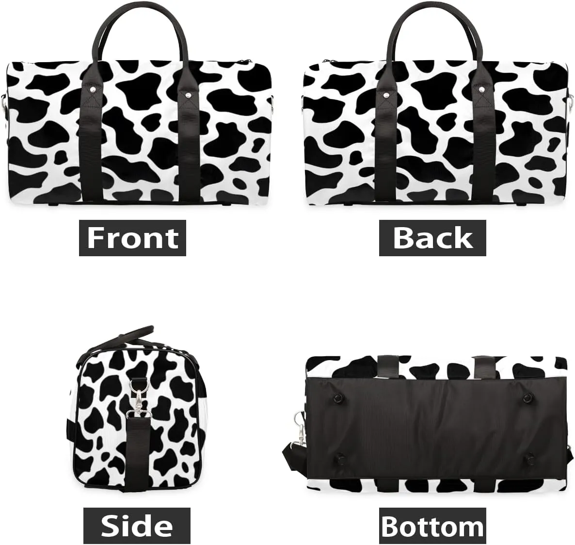Black White Travel Duffle Bag, Sports Gym Bags for Women Men, Carry On Weekender Overnight Bag, Fun Cow Print Farm Animal Workout Hospital Airplane Trips Bag