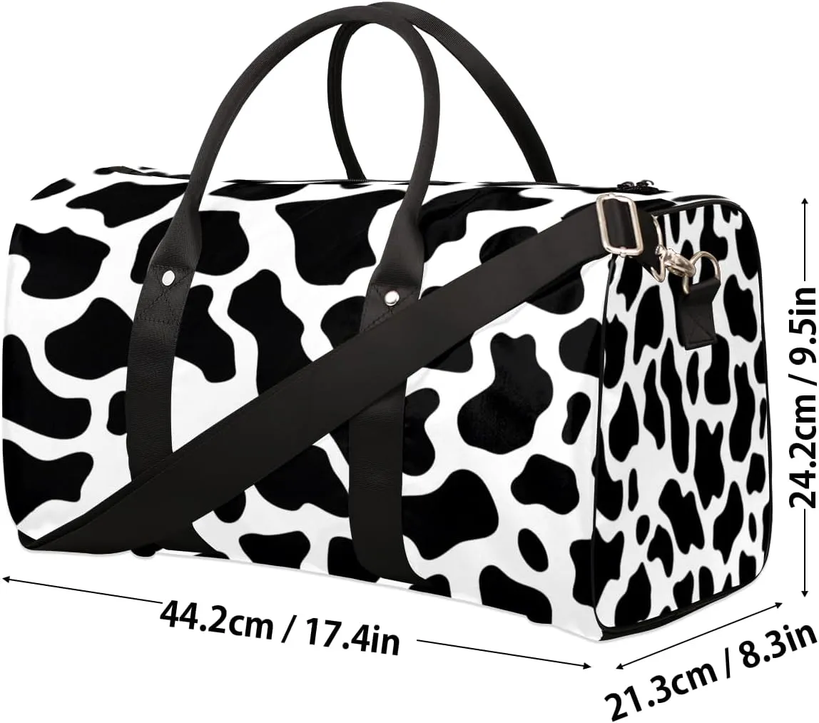 Black White Travel Duffle Bag, Sports Gym Bags for Women Men, Carry On Weekender Overnight Bag, Fun Cow Print Farm Animal Workout Hospital Airplane Trips Bag