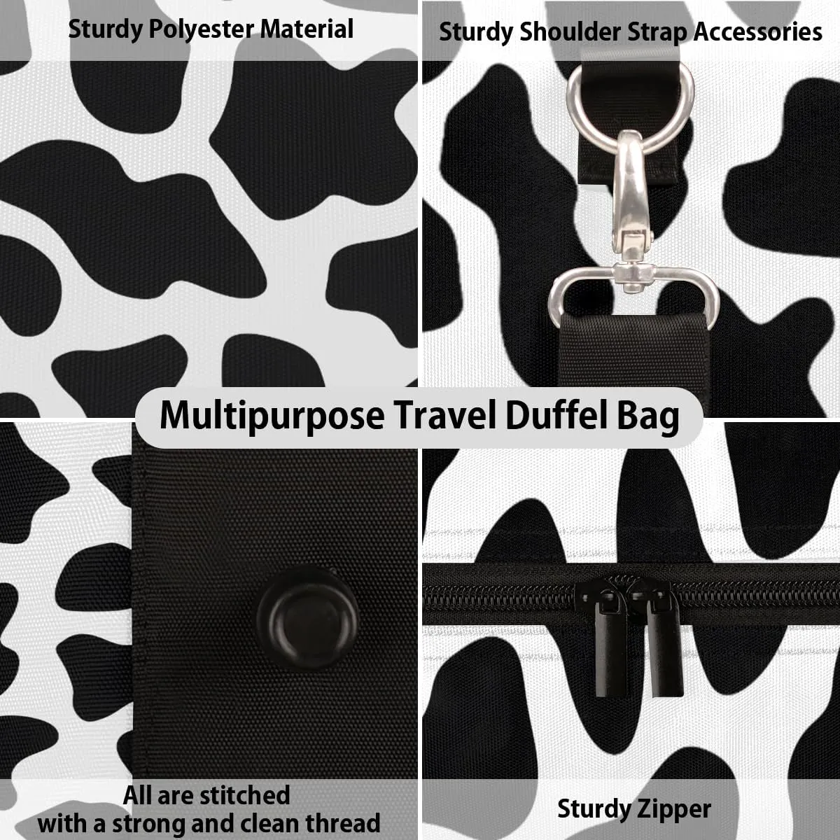 Black White Travel Duffle Bag, Sports Gym Bags for Women Men, Carry On Weekender Overnight Bag, Fun Cow Print Farm Animal Workout Hospital Airplane Trips Bag