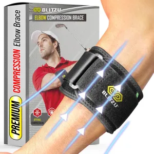 BLITZU Elbow Brace for Tennis & Golfer's Elbow. Adjustable Elbow Strap for Tendonitis Pain Relief with Compression Pad. Counterforce Band Support for Sports Men and Women.