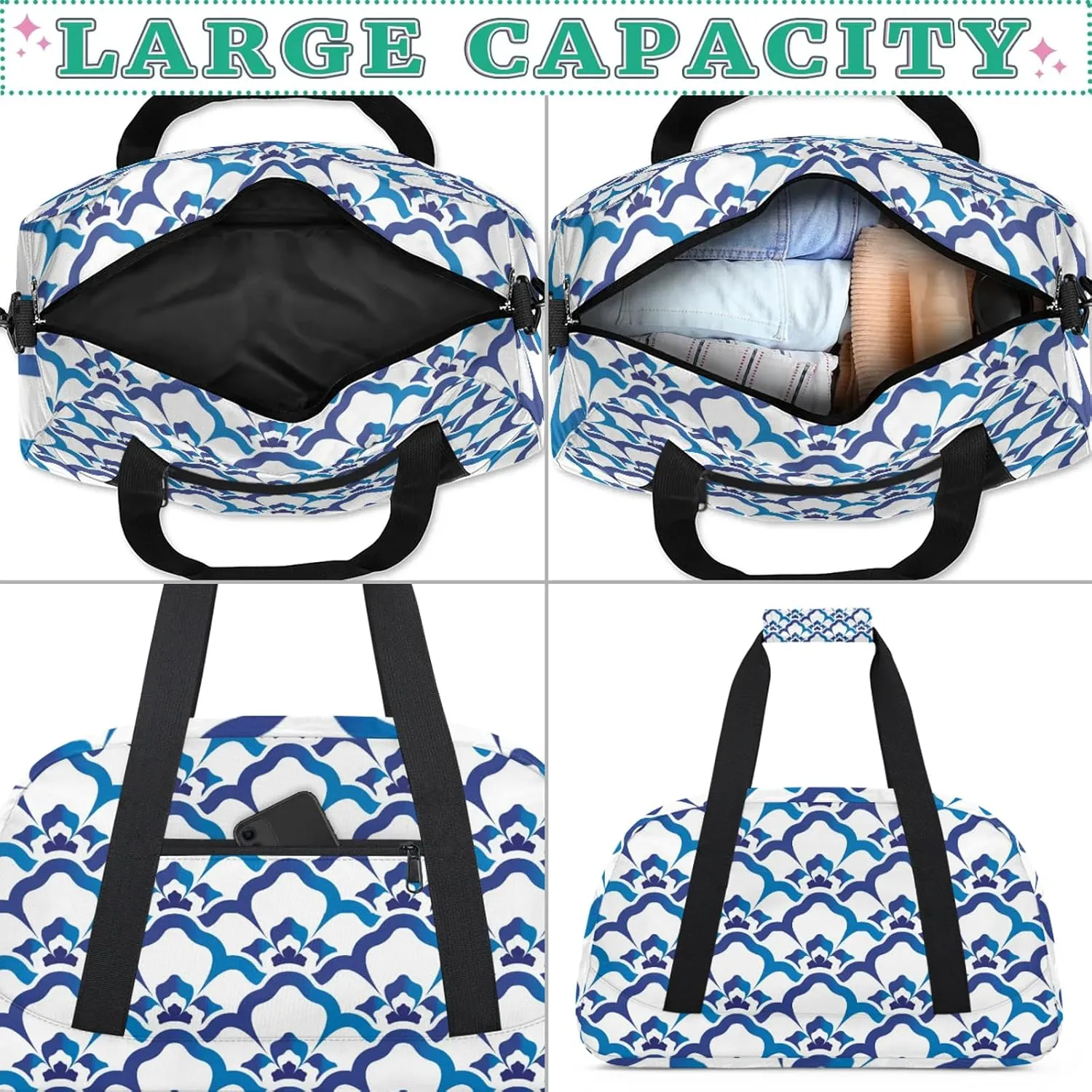 Blue Boho Retro Floral 18 inch Small Gym Bag for Women and Men, Lightweight Carry On Weekender Bag Mini Duffel Bag for Travel Sports Workout