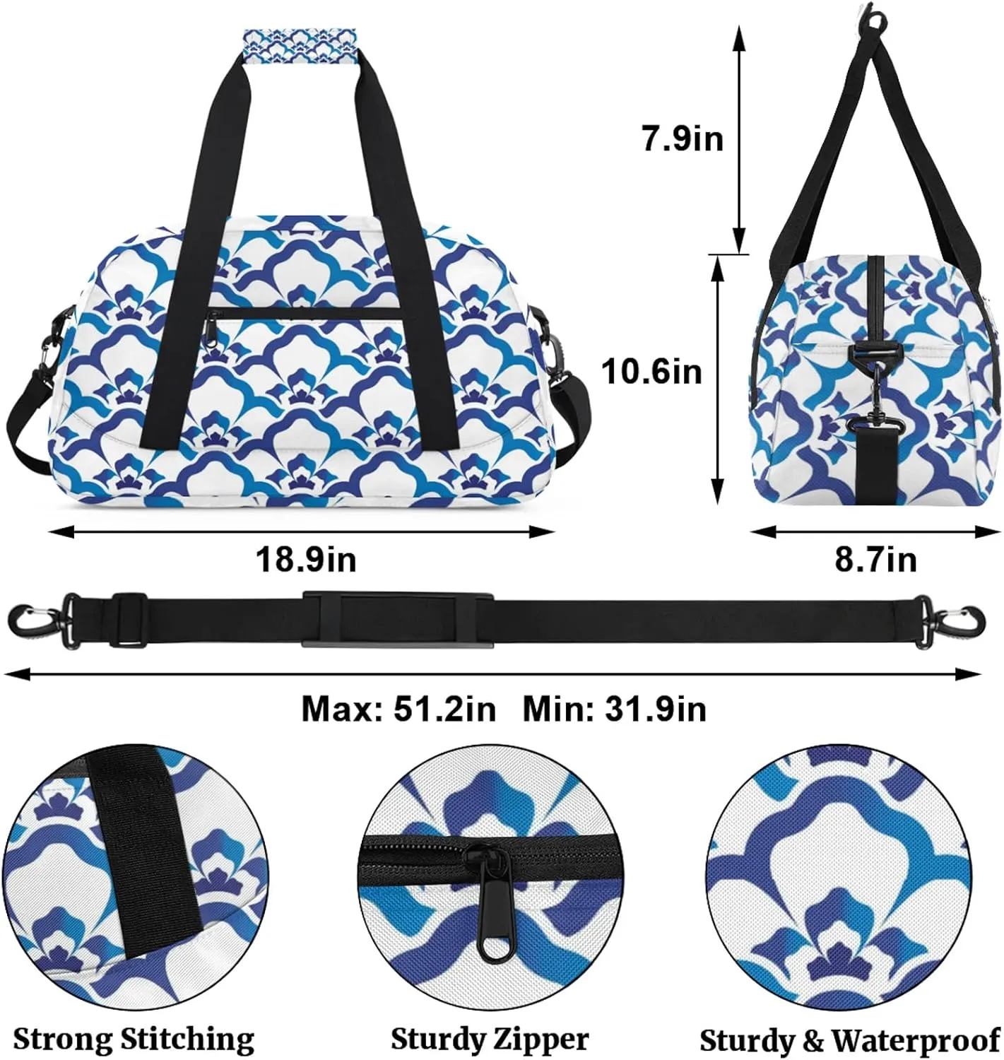 Blue Boho Retro Floral 18 inch Small Gym Bag for Women and Men, Lightweight Carry On Weekender Bag Mini Duffel Bag for Travel Sports Workout