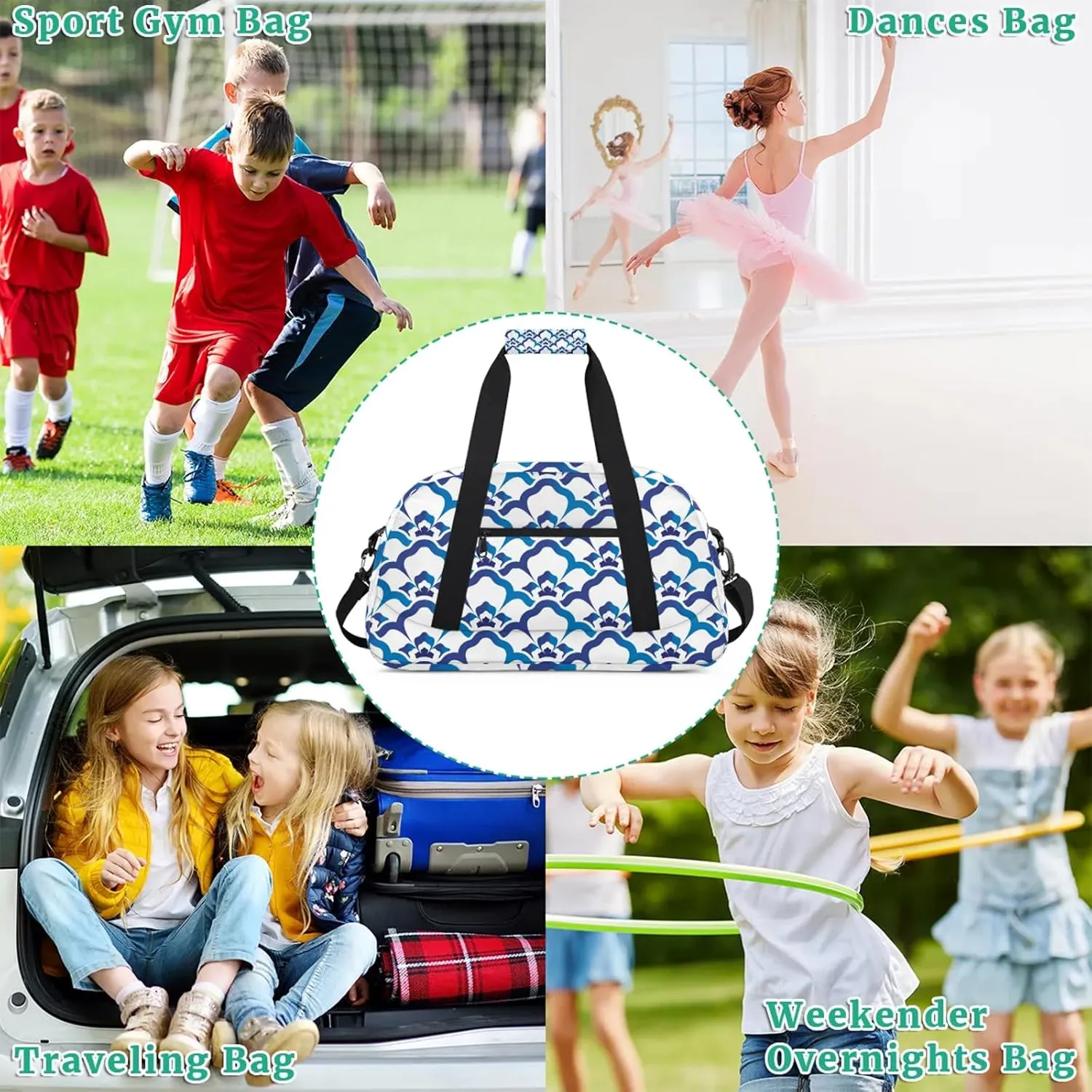 Blue Boho Retro Floral 18 inch Small Gym Bag for Women and Men, Lightweight Carry On Weekender Bag Mini Duffel Bag for Travel Sports Workout