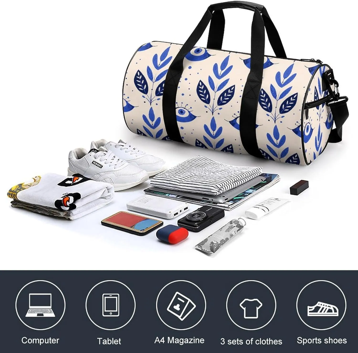 Blue Eye Pattern Gym Bag Small Travel Duffle Bag with Compartment Carry On Weekender Bag for Women Men