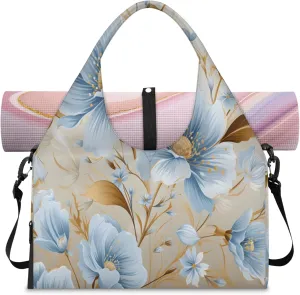 Blue Flower Golden Touch Waterproof Gym Bag for Men Women, Sports Duffel Bag with Shoe Compartment Yoga Mat Holder, Portable Large Travel Bag for Fitness, Camping, Weekend Trips