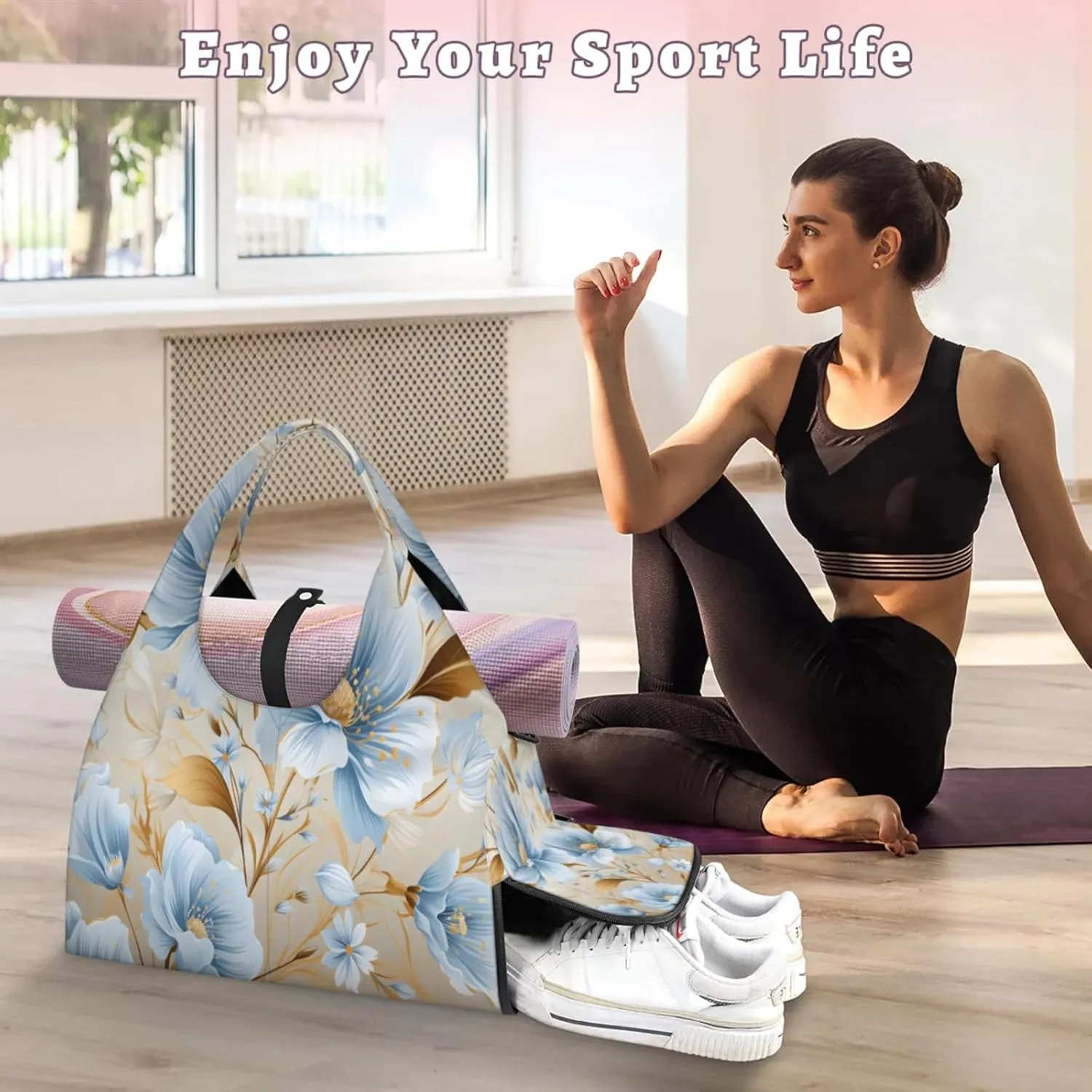 Blue Flower Golden Touch Waterproof Gym Bag for Men Women, Sports Duffel Bag with Shoe Compartment Yoga Mat Holder, Portable Large Travel Bag for Fitness, Camping, Weekend Trips