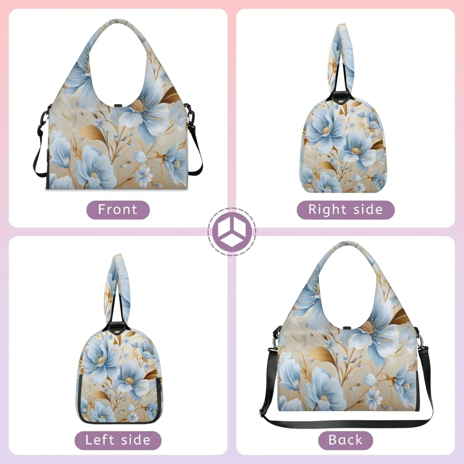 Blue Flower Golden Touch Waterproof Gym Bag for Men Women, Sports Duffel Bag with Shoe Compartment Yoga Mat Holder, Portable Large Travel Bag for Fitness, Camping, Weekend Trips
