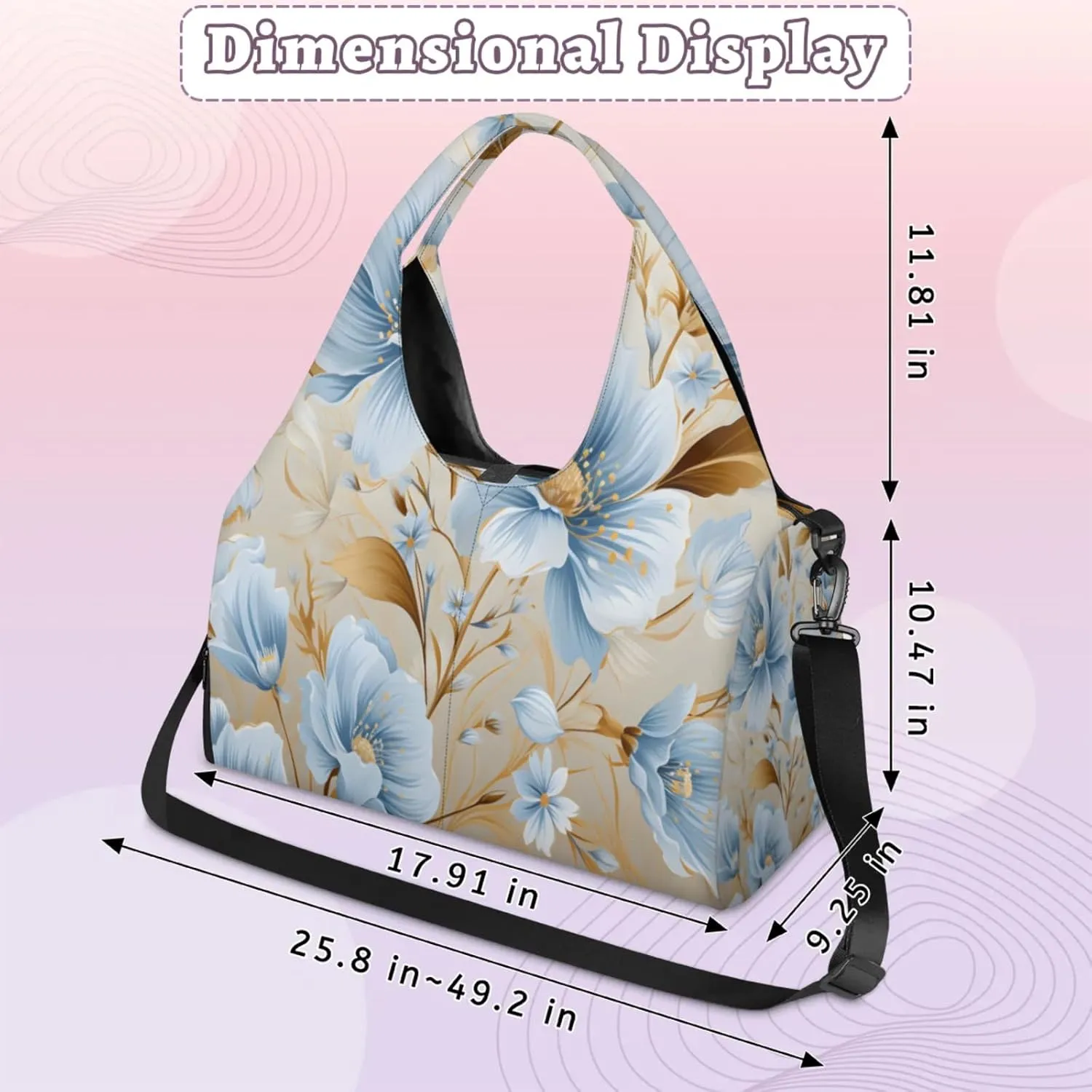 Blue Flower Golden Touch Waterproof Gym Bag for Men Women, Sports Duffel Bag with Shoe Compartment Yoga Mat Holder, Portable Large Travel Bag for Fitness, Camping, Weekend Trips
