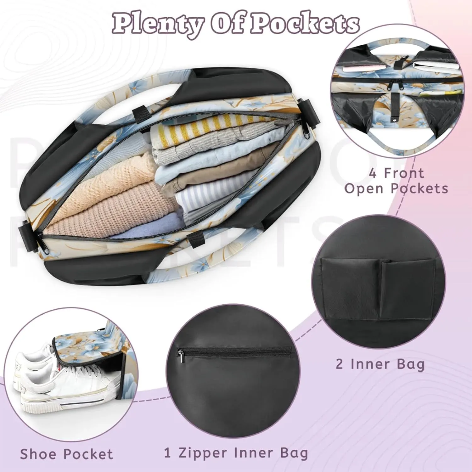 Blue Flower Golden Touch Waterproof Gym Bag for Men Women, Sports Duffel Bag with Shoe Compartment Yoga Mat Holder, Portable Large Travel Bag for Fitness, Camping, Weekend Trips
