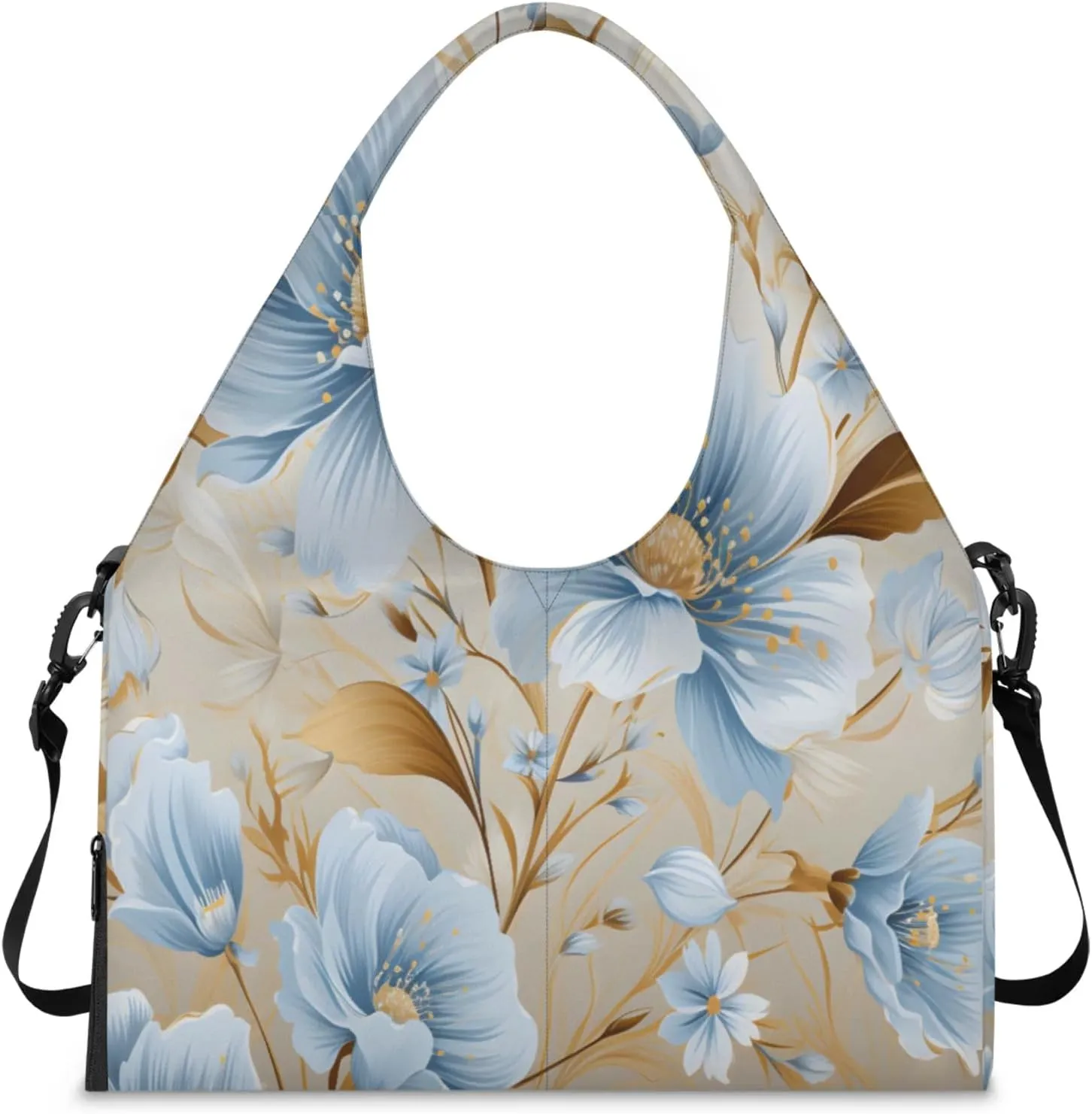Blue Flower Golden Touch Waterproof Gym Bag for Men Women, Sports Duffel Bag with Shoe Compartment Yoga Mat Holder, Portable Large Travel Bag for Fitness, Camping, Weekend Trips