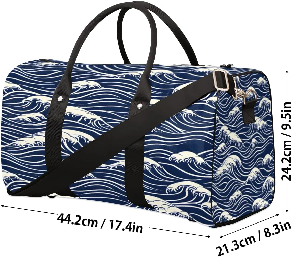 Blue Sea Wave Travel Duffle Bag, Sports Gym Bags for Women Men, Carry On Weekender Overnight Bag, Ocean Theme Workout Hospital Airplane Trips Bag